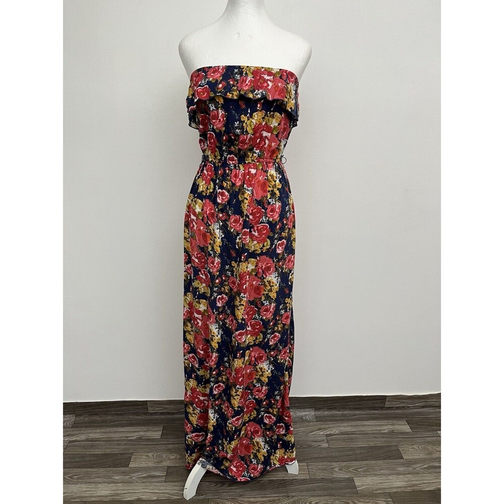 Trixxi Womenโs Floral Strapless Ruffle Maxi Dress Small Elastic Waist Rayon